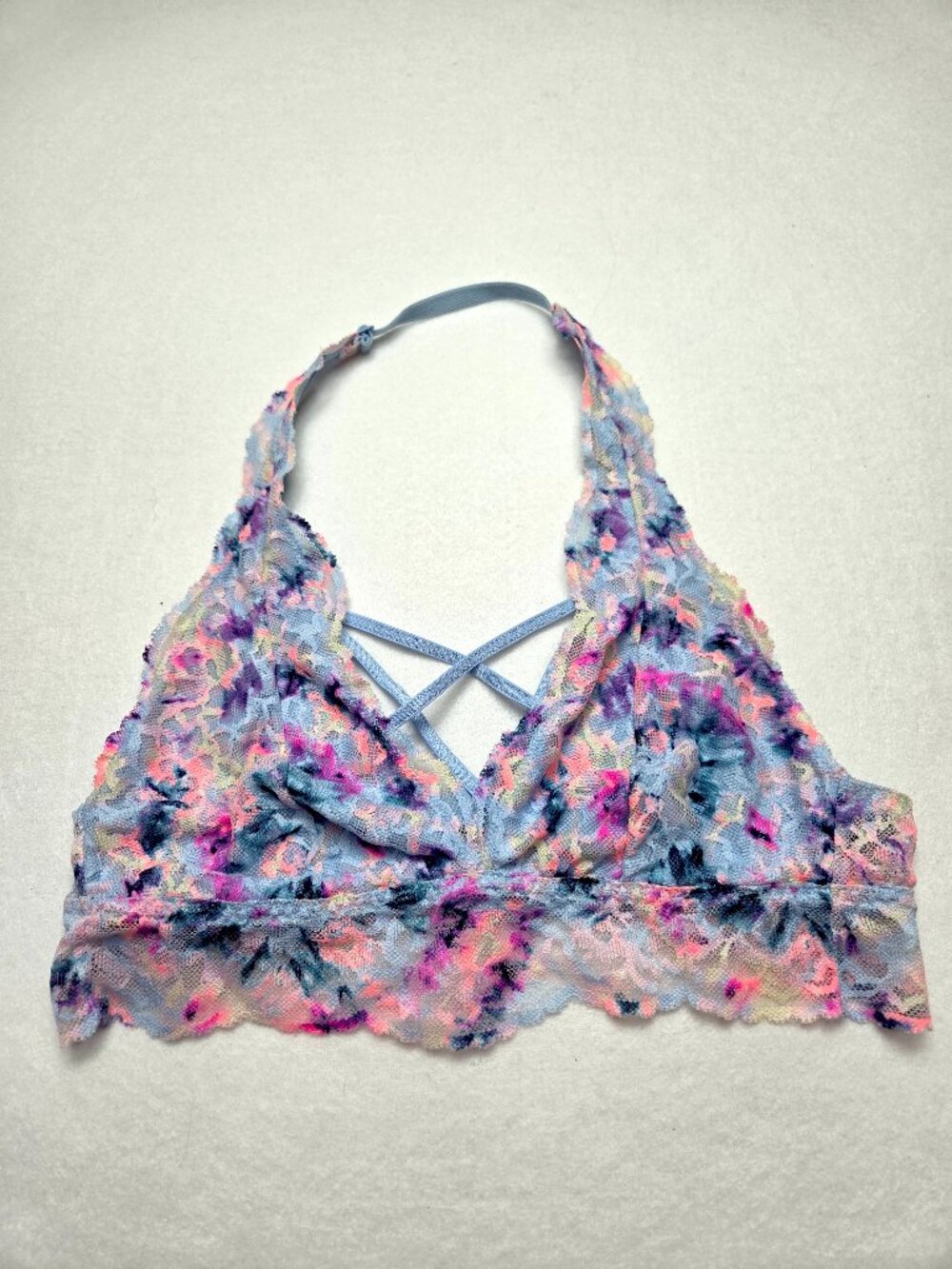Victoria's Secret PINK Tie Dye Floral Lace Strappy Halter Bralette Blue Womens S